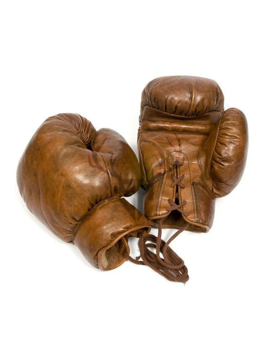 Classic tan retro boxing gloves with natural fiber padding and hand-stitched seams, ideal for professional boxing, MMA, or collector’s display.