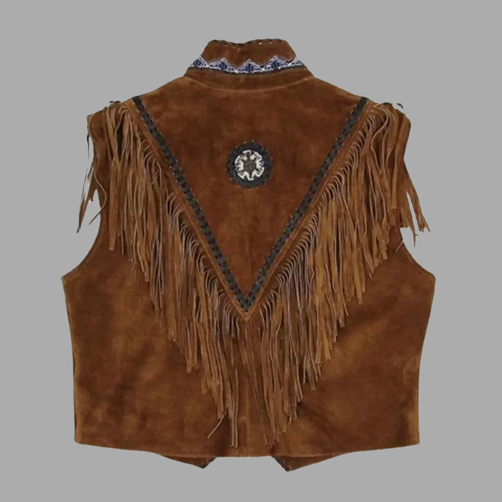 Back view of the Sundown suede fringe vest with cascading fringe and solid suede panel construction, combining comfort with Western flair.