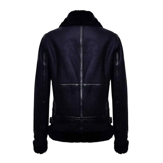 Back design of women’s black shearling leather jacket in genuine cowhide leather with fur collar and cuffs, tailored fit, and handmade craftsmanship. Perfect for winter fashion, luxury leather outerwear, and biker style jackets.