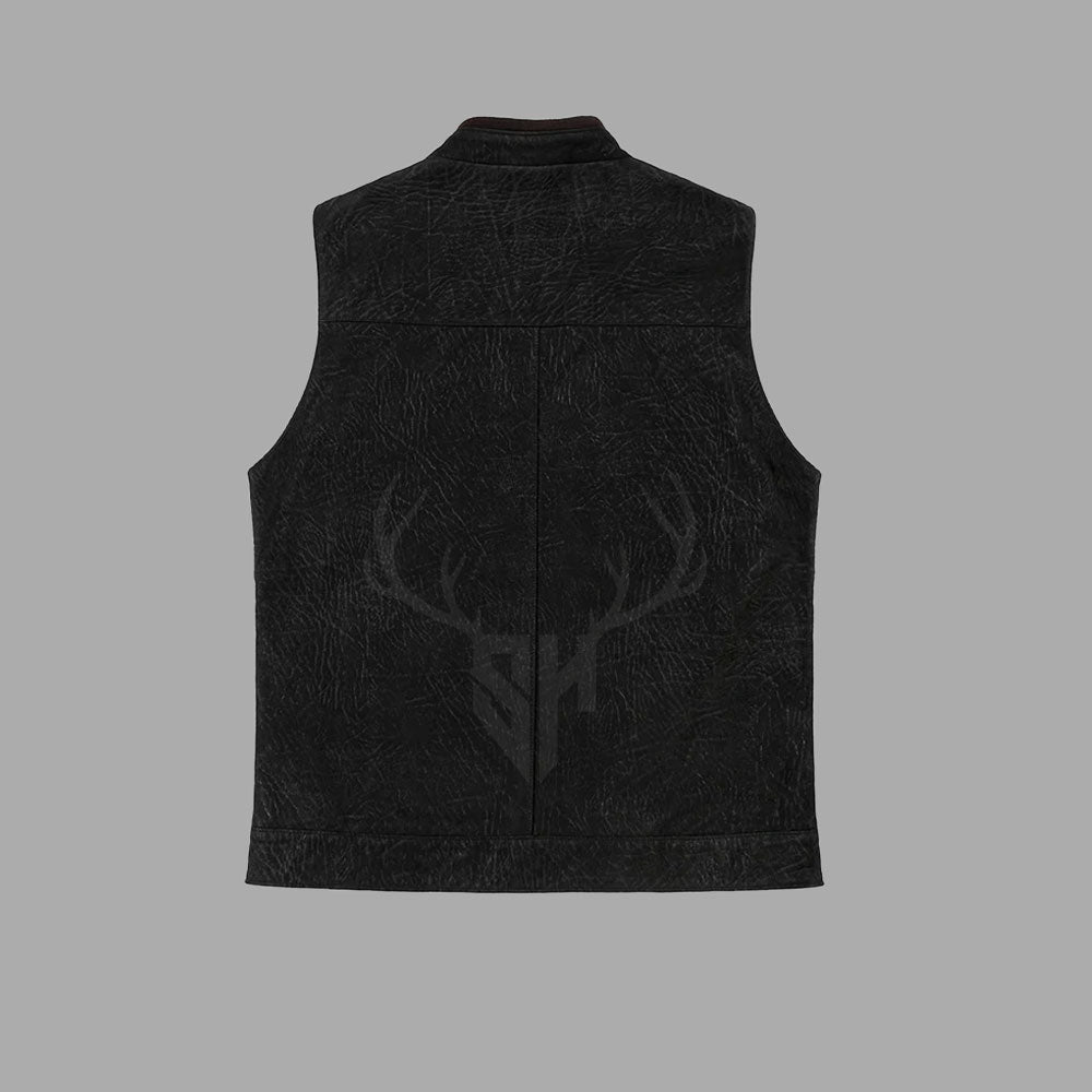 Rear view of the Ironveil Black Zipper Biker Vest featuring broad patch space for club logos or custom designs. Black distressed cowhide leather for a bold, retro-inspired biker look, tailored fit, and long-lasting durability.