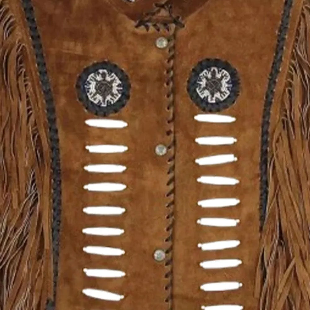 Close-up of a brown leather jacket with decorative buttons and fringes.