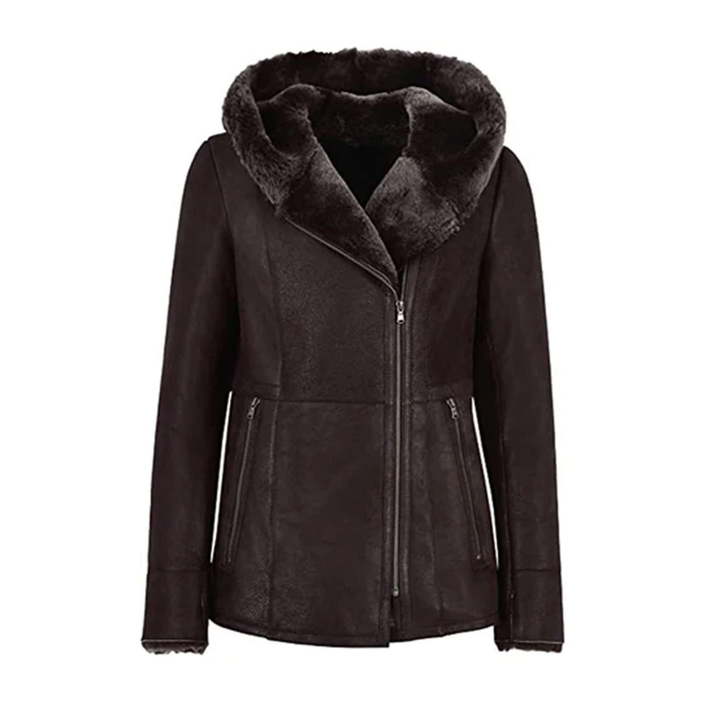 Women’s black shearling leather jacket with fur hood, crafted from genuine leather and lined with plush shearling for maximum warmth. Featuring a modern asymmetrical zip closure, tailored fit, and zippered pockets, this luxury winter jacket blends style, comfort, and durability. Perfect for chic winter outfits, outdoor wear, or elegant cold-weather fashion, this hooded leather coat keeps you cozy and stylish all season.
