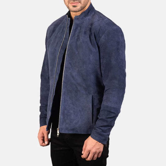 MidnightHarbor Suede Biker Jacket – Navy Blue Edition