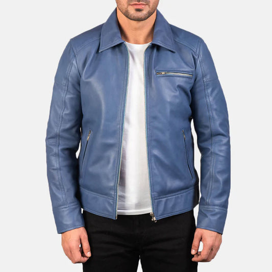 AzureRogue Leather Biker Jacket – Midnight Blue Edition