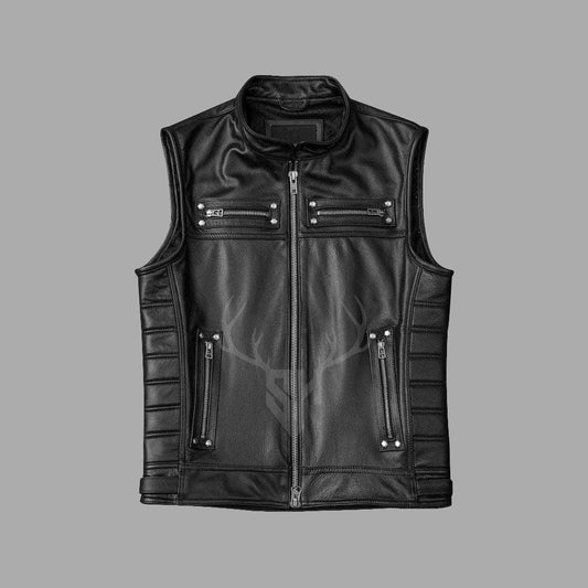 Ironcore Black Padded Leather Club Vest with Zippered Pockets