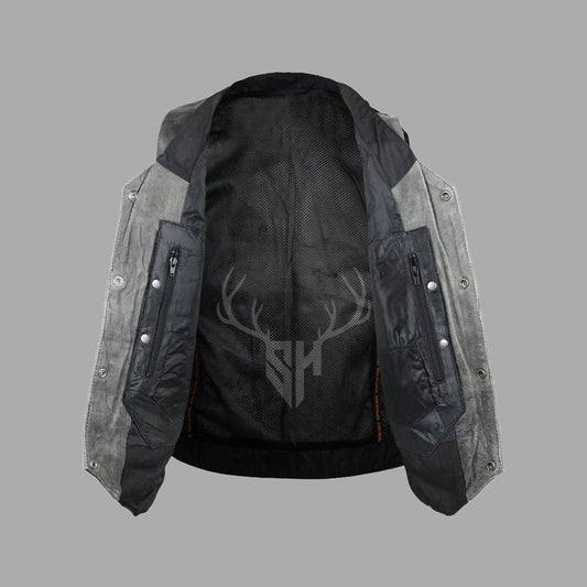 Distress Gray Leather Club Vest with Side Lace & Mesh Lining