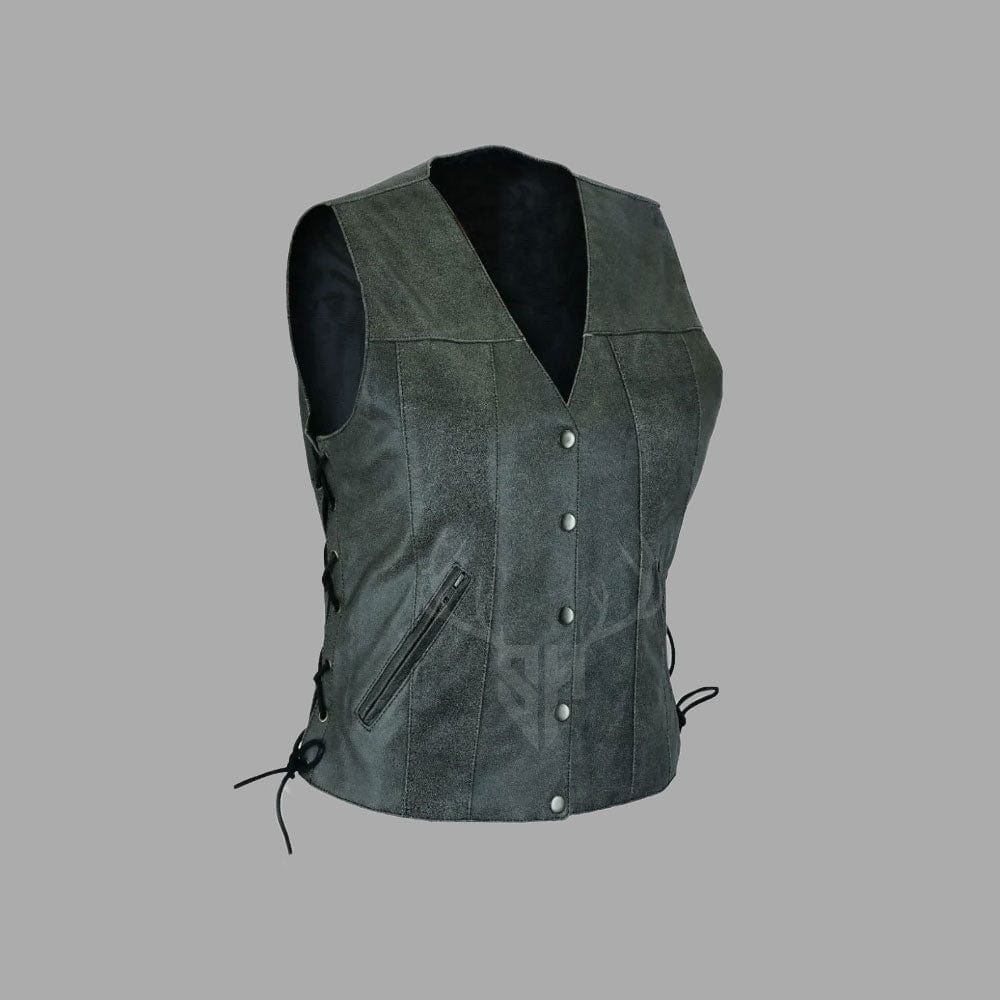 Womens Distressed Black Leather Motorcycle Club Side-Laced Vest