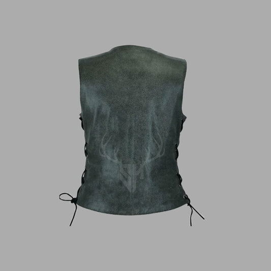 Womens Distressed Black Leather Motorcycle Club Side-Laced Vest