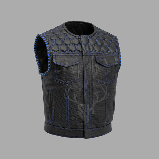 Blue Combed Motorcycle Club Vest - Perforated Leather, Printed Lining and ribbed Armholes