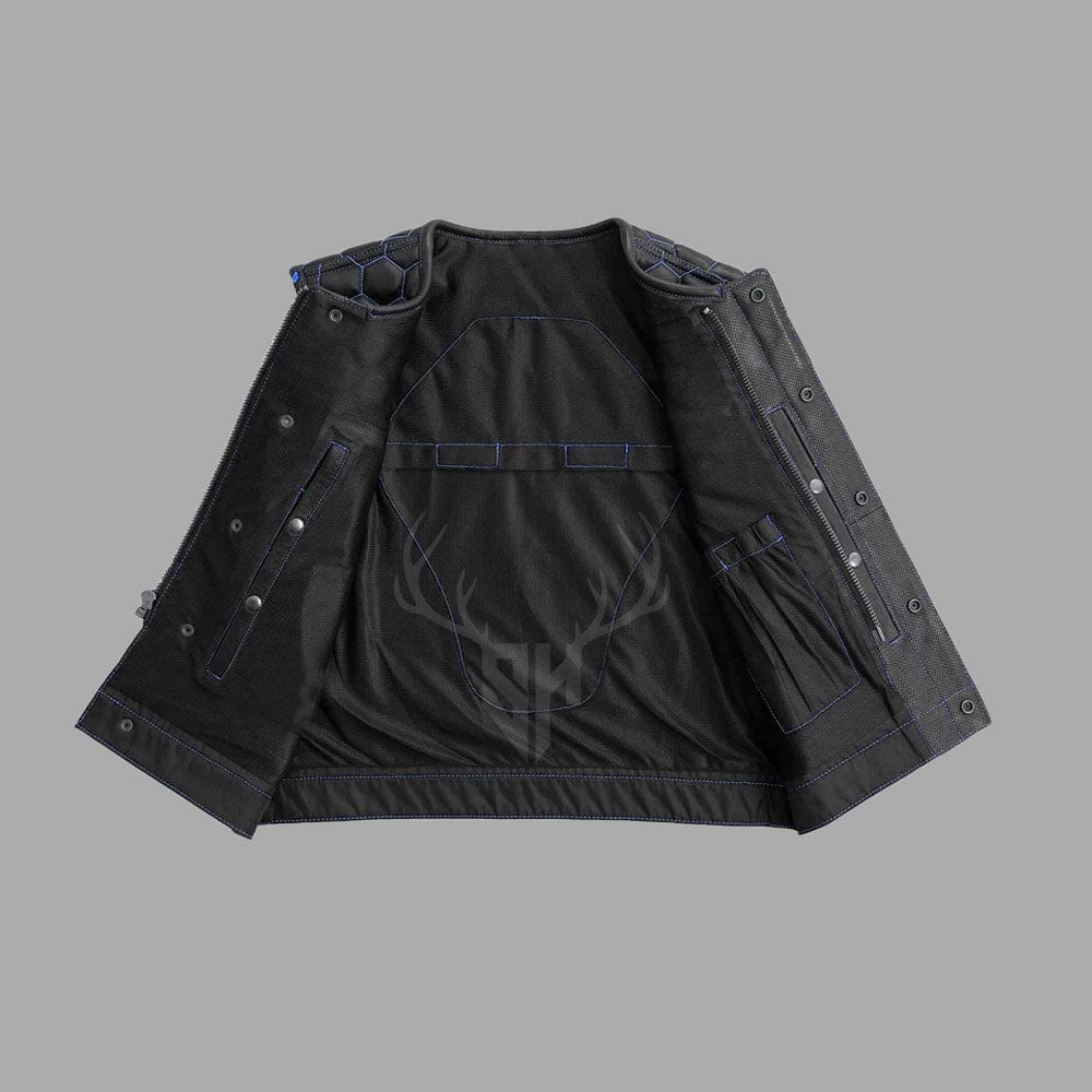 Blue Combed Motorcycle Club Vest - Perforated Leather, Printed Lining and ribbed Armholes