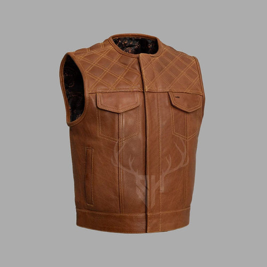 Brown Motorcycle Leather Vest with Printed Lining - Customizable