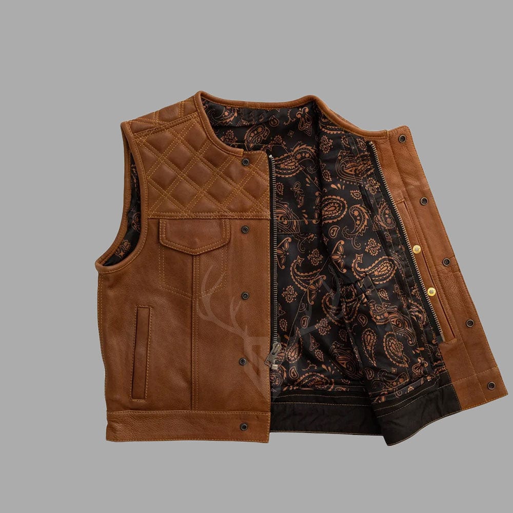 Brown Motorcycle Leather Vest with Printed Lining - Customizable