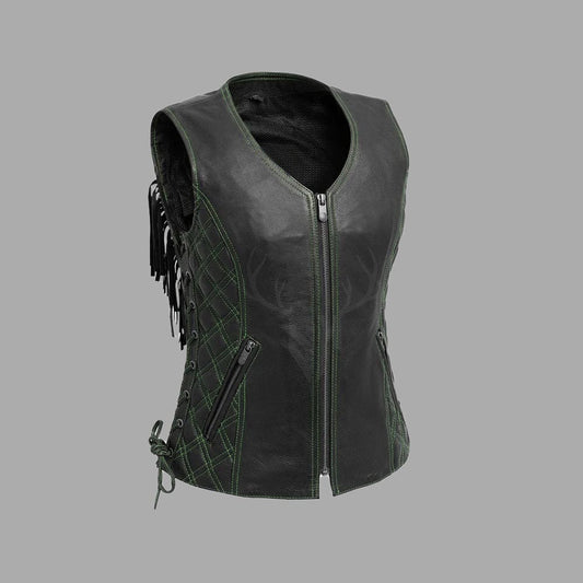 A women's black leather motorcycle vest with decorative fringes, crafted from premium A+ cowhide leather, perfect for biker club style and road-ready fashion.