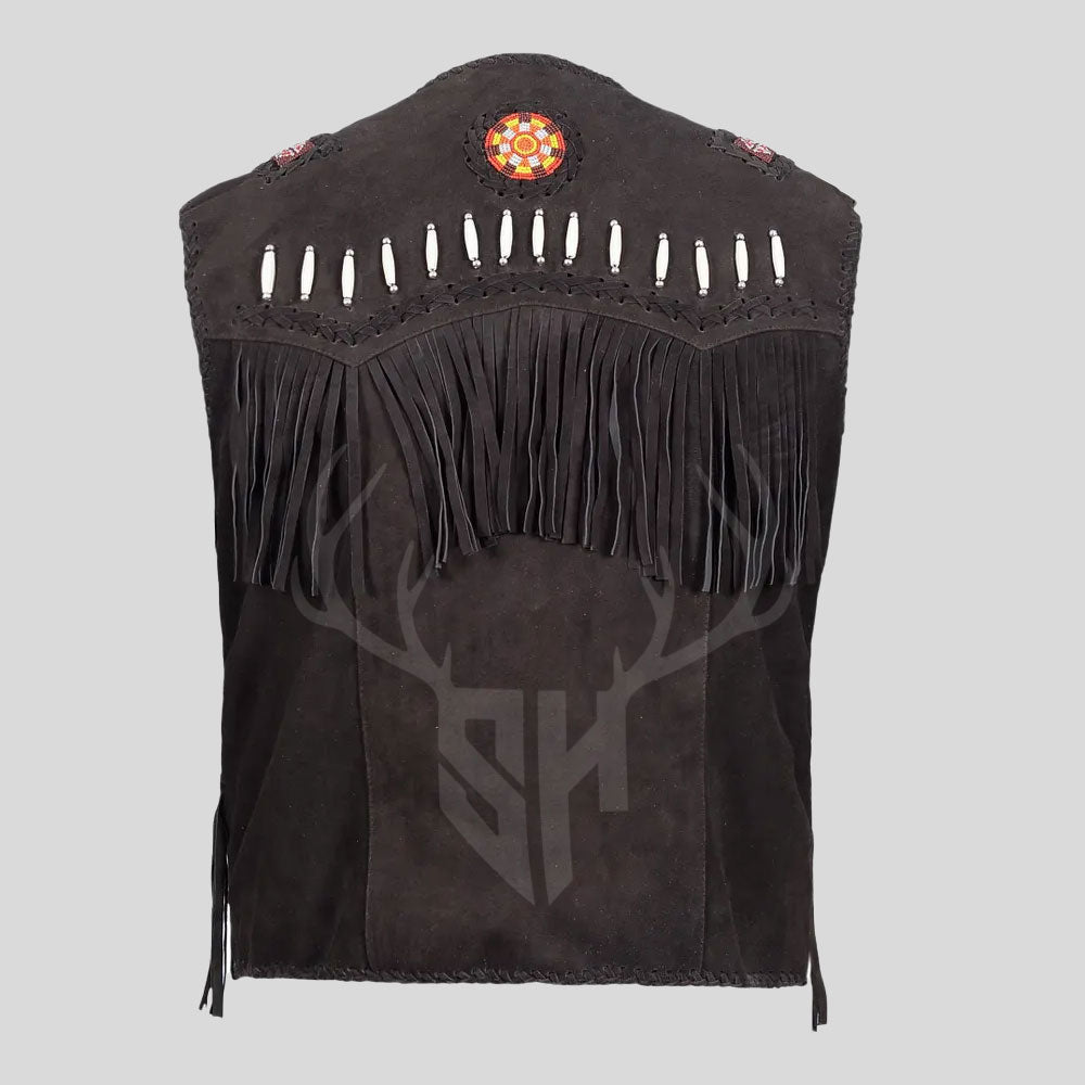 Artisan-made western fringe vest in chocolate suede, tailored for men who love cowboy tradition and style.