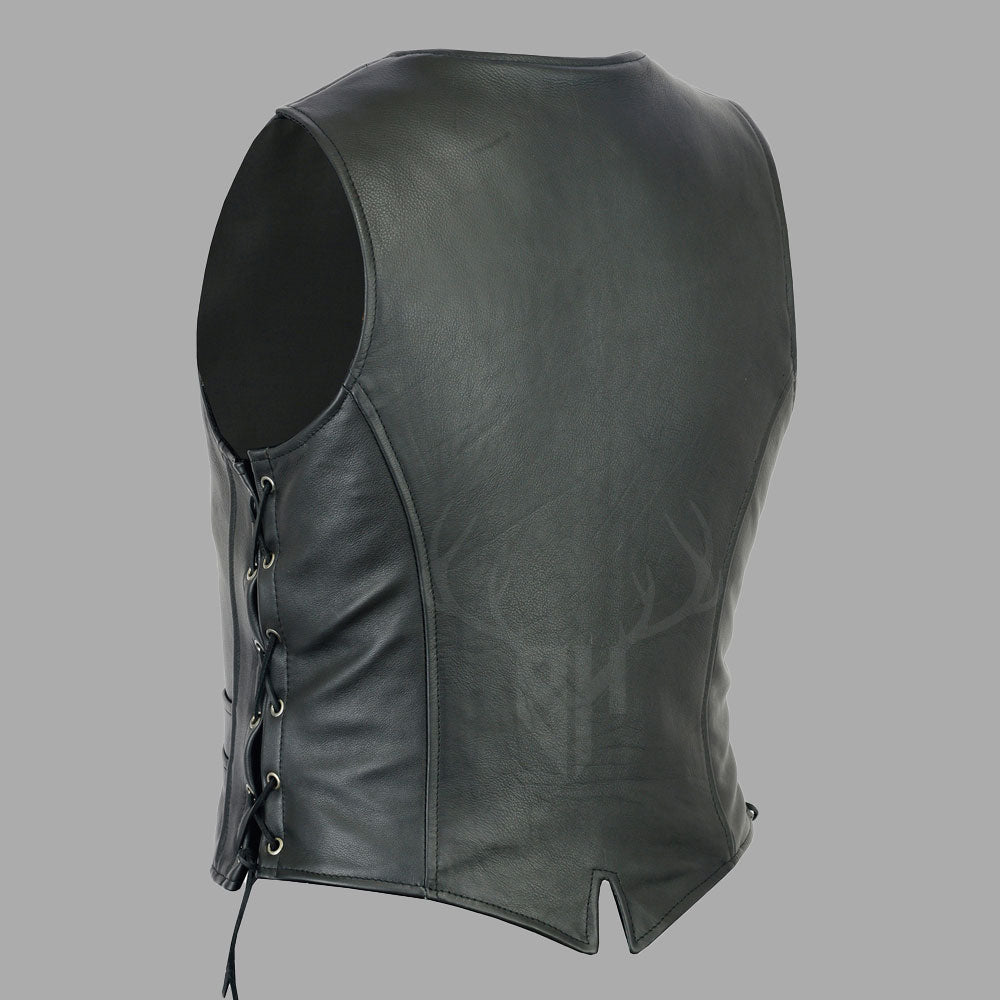 Back angle of the Blackthorn Cowhide Leather MC Vest showing full black cowhide panel with side lace features, ideal for custom patching, club emblems, or embroidery—designed for rugged motorcycle riders.