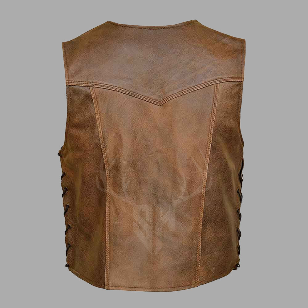 Back side view of the Vintage Cowhide Leather MC Club Vest featuring smooth A+ cowhide leather, side lacing, seamless stitching, and personalization space for MC club patches or engravings.