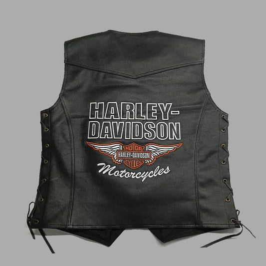 Back view of the Harley Davidson Men's Black Leather Café Racer Vest, highlighting its clean design and precision-cut cowhide leather construction. Ideal for motorcycle riders and club members, this vest offers space for custom patches while maintaining a bold and timeless Harley-Davidson look.