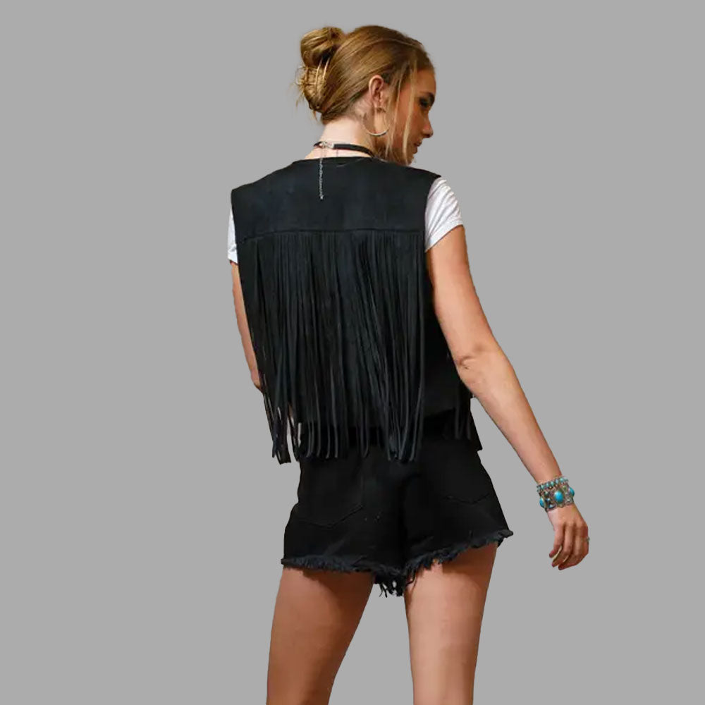 Back view of the women’s Onyx Black fringe vest, with long fringes flowing along the hem and sides, perfect for boho and biker styling alike.