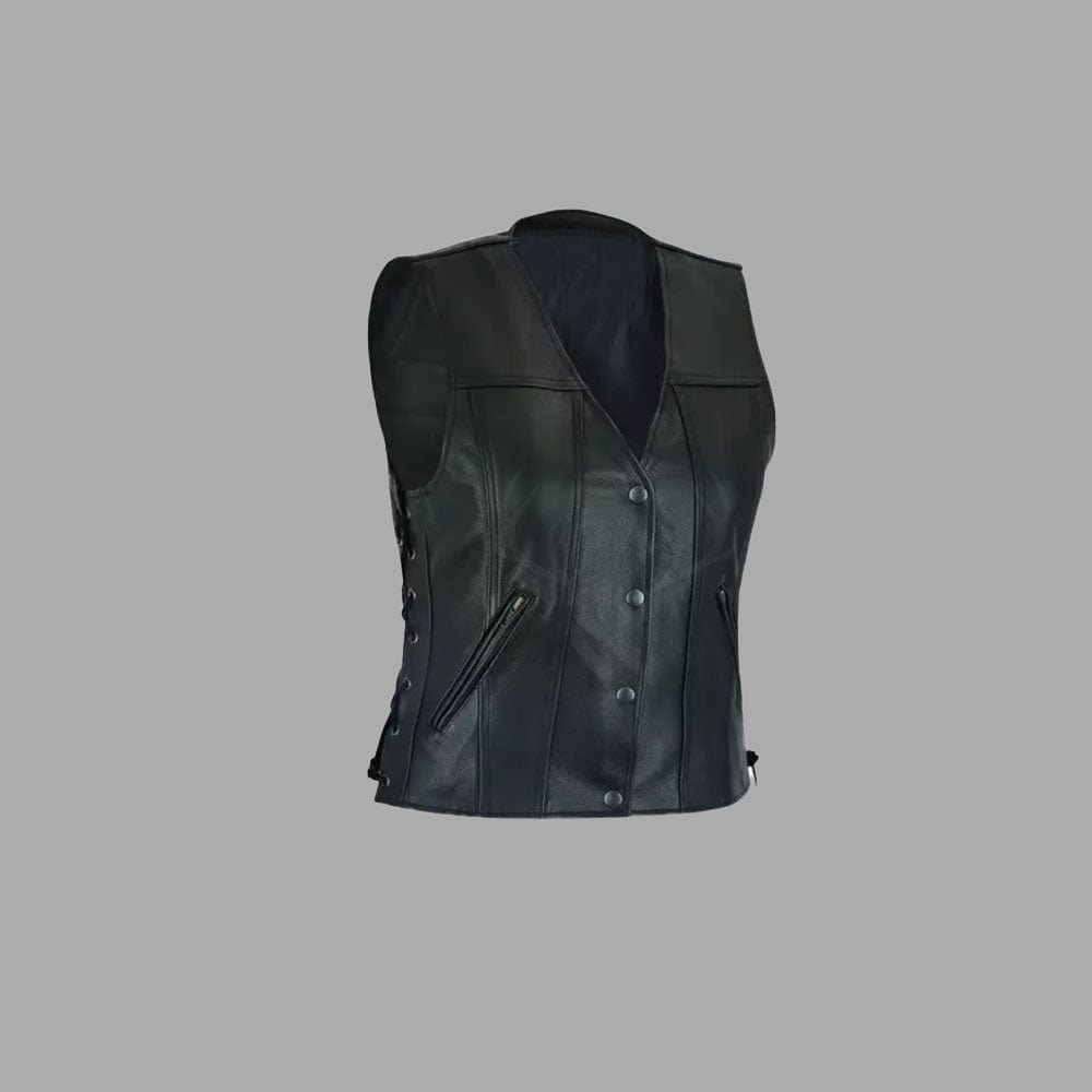 Black Thunder women's leather motorcycle vest with side laces