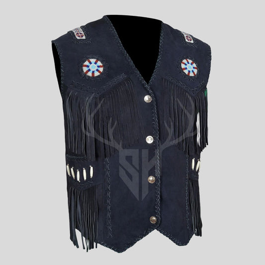 Black cow suede fringe leather vest with handmade beadwork, perfect for western and rodeo styling.