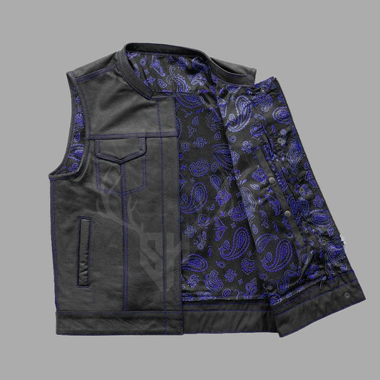 Black cowhide biker vest featuring a stylish printed polyester lining and brass buttons, designed for motorcycle club identity and personal expression.
