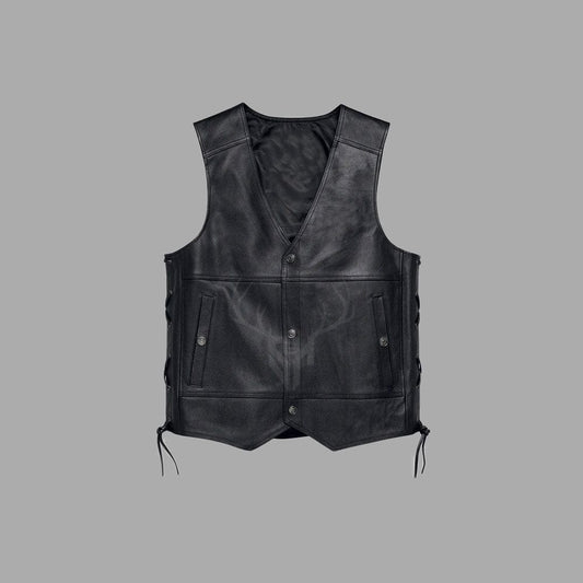 Black goat leather motorcycle club vest for men made from A+ goatskin with a shiny distressed finish, side laced closure, multiple outer pockets, and durable brass button hardware—ideal for customization with patches and logos.