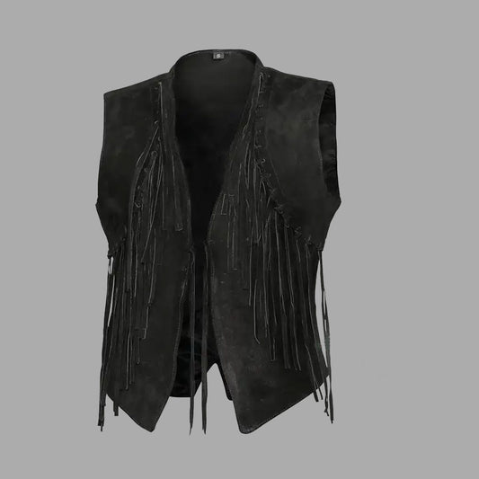 Front view of the Nova black fringe vest for women, made from soft suede leather with classic western styling and a sleek, comfortable polyester lining.