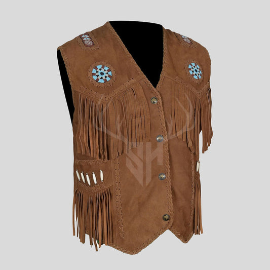 Brown cow suede leather vest with fringe and handmade bead accents, perfect for western cowboy looks and rodeo wear.