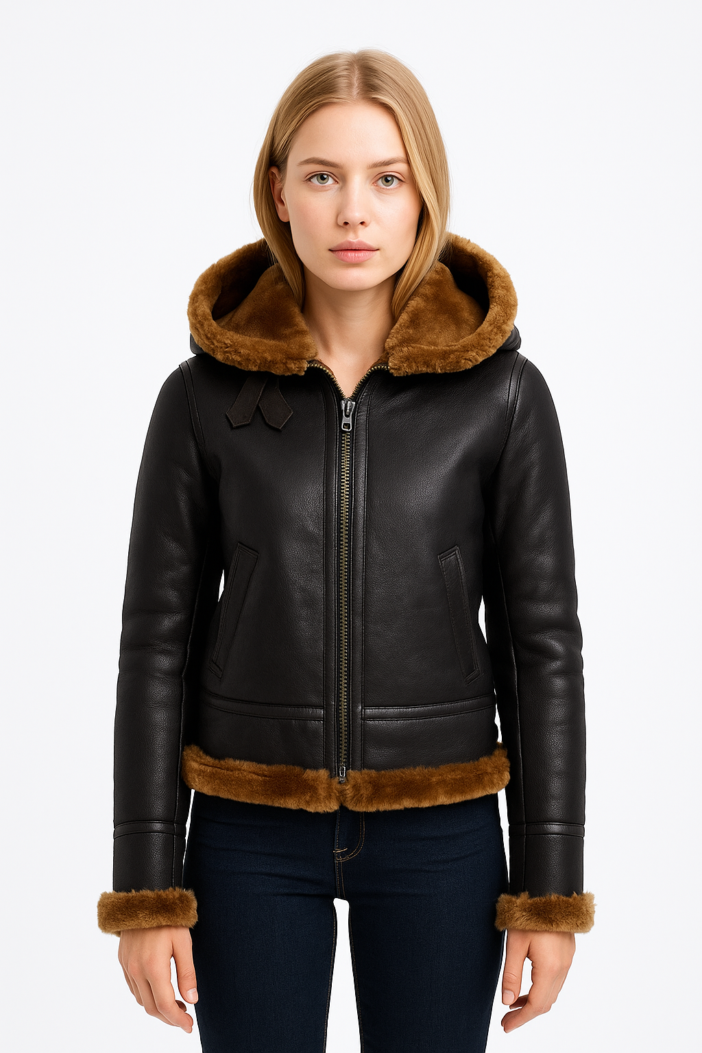 Black & Brown Aviator Shearling Hooded Leather Bomber Jacket