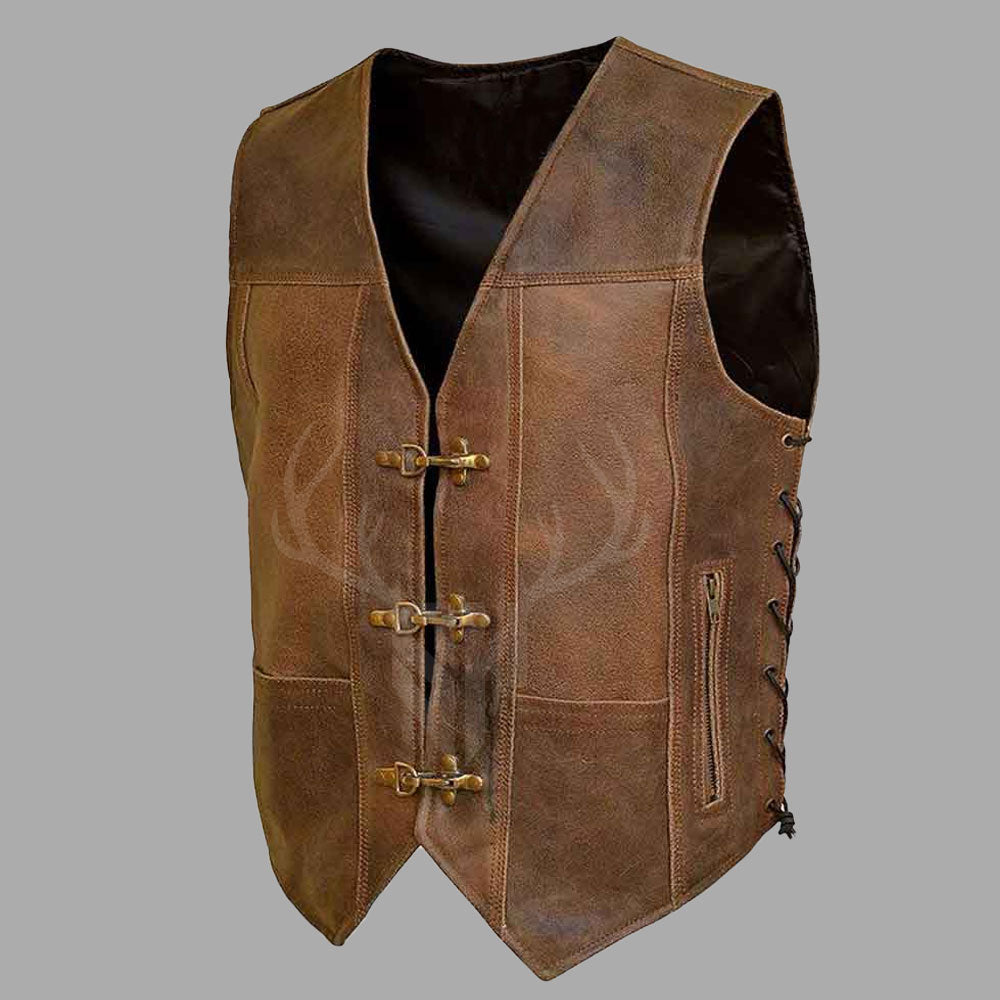 Close-up of hand-waxed vintage cowhide leather texture on the customizable MC club vest showing detailed craftsmanship, rugged finish, and durable stitching with brass hook closure and lacing.