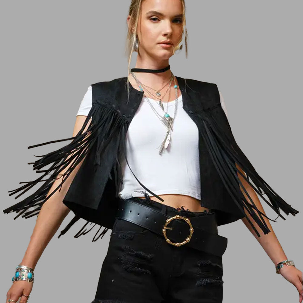 Close-up of suede fringe on the Onyx Black vest, showcasing soft cowhide leather and premium stitched fringe designed for western flair and motion.
