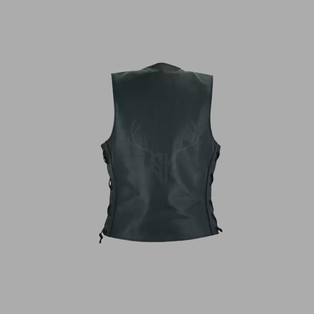 Custom Black Thunder leather vest for female motorcycle riders