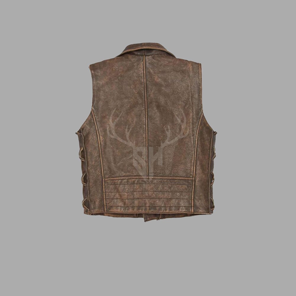 Customizable steampunk leather vest made from distressed A+ cowhide, featuring brass accents and vintage gothic aesthetics for bold alternative fashion.