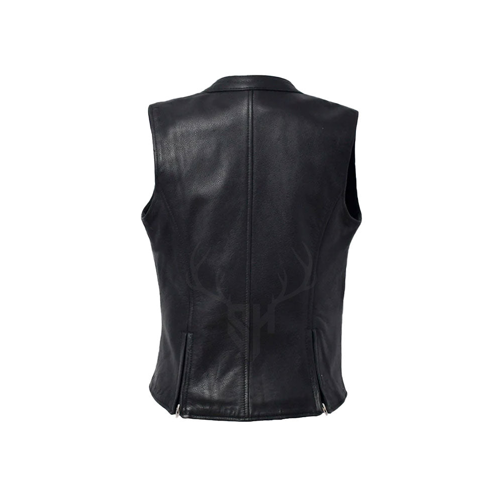 Customizable zippered black leather vest for women, made from A+ cowhide leather with brass zippers, perfect for club members and motorcycle enthusiasts.