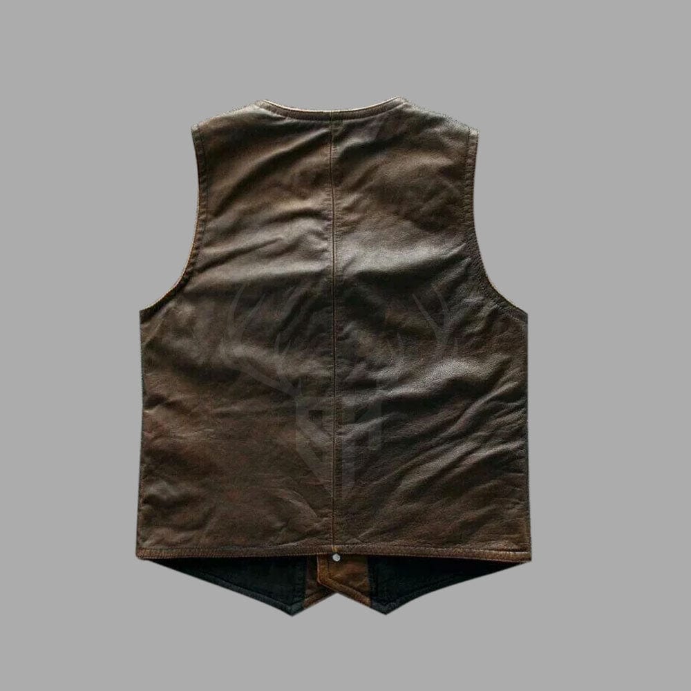 Dark brown multi-pocket biker vest with a rugged, vintage aesthetic and customizable features like engraving and patch-ready panels for club representation.