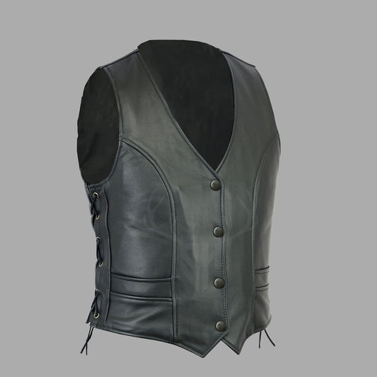 Detailed close-up of the snap button closure and hand-stitched side lace area on the Blackthorn Cowhide MC Vest, highlighting high-quality leather texture and craftsmanship, perfect for product features and quality display.