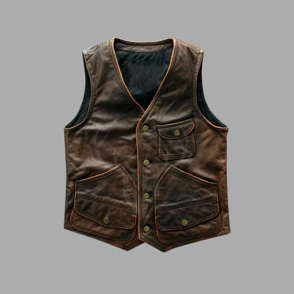 Distressed vintage leather biker vest in dark brown made from A+ cowhide, ideal for riders seeking both rugged style and practical multi-pocket functionality.