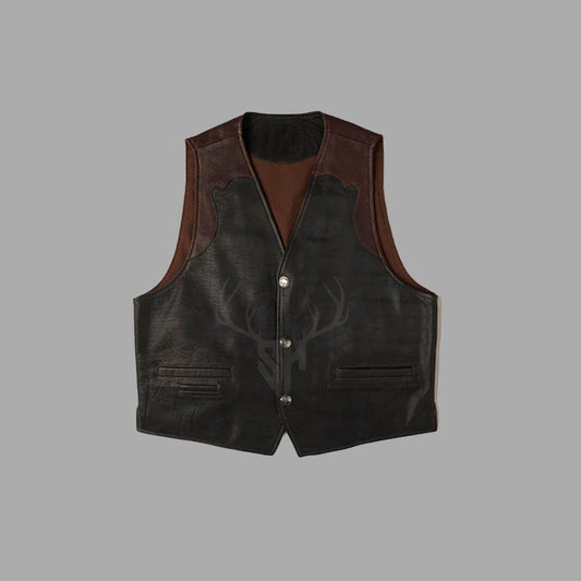 Dual-tone leather biker vest for men featuring premium cowhide construction in brown and black, brass hardware buttons, side laced adjustment, and customizable options for patches or club logos, ideal for motorcycle riders.