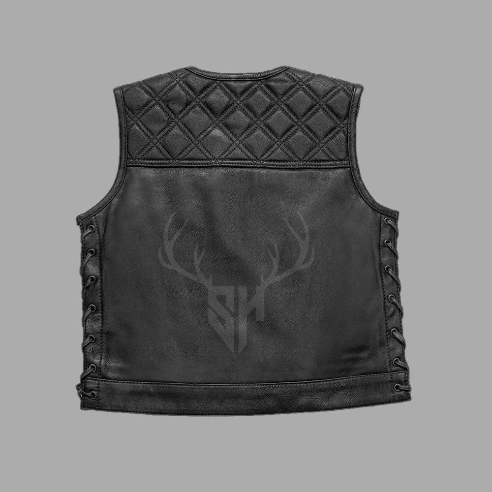 Durable cowhide motorcycle club vest for men with adjustable side laces, engraved brass buttons, and patch-ready design, perfect for bikers seeking personalized riding gear.