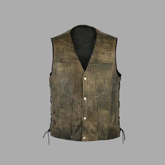 Front view of Goldflare Vintage Cowhide Biker Vest in vintage gold finish, displayed on white background with visible side lace closure and dual front pockets. Premium cowhide leather texture and brass buttons emphasize rugged biker style, perfect for custom MC apparel listings and men's vintage motorcycle gear.