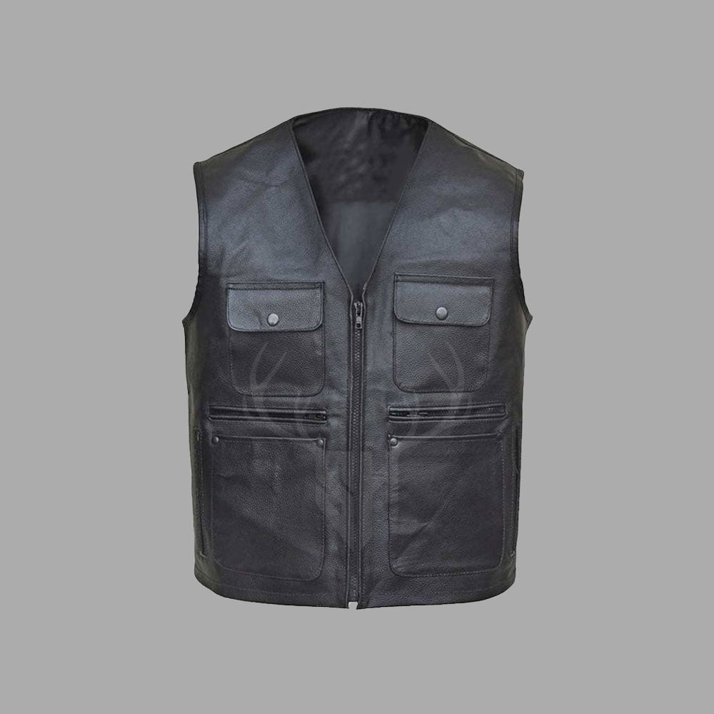 Front view of the Pro Rider Multi Pockets Leather MC Vest in distressed black cowhide leather, showcasing durable craftsmanship, multiple storage pockets, and sleek biker style. Ideal for motorcycle club members and riders seeking rugged performance with a customizable, breathable fit and bold character.