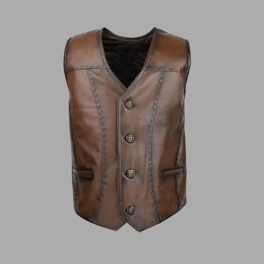 Front view of the staghides retro brown leather biker vest for men, featuring classic waistcoat cut, smooth finish, and side lace detailing.