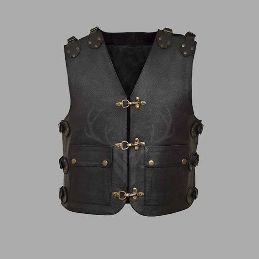 Gravemarch Buffalo Leather MC Vest in matte black displayed on a white background, showing front view with snap hook closure, wide shoulders, and adjustable side straps made of buffalo leather with visible texture and reinforced seams.
