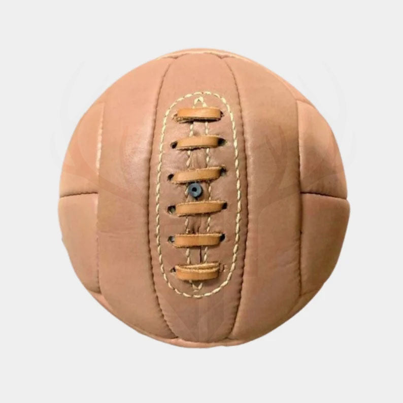 Hand-stitched 1938 World Cup vintage leather soccer ball in dark brown cowhide, featuring authentic 12-panel construction and genuine leather laces—perfect for collectors, sports history fans, and vintage decor lovers. A true replica of the 1938 FIFA World Cup ball.