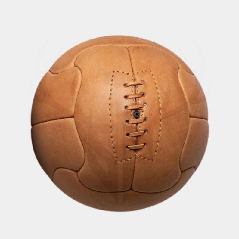 Handcrafted 1950 World Cup Duplo T replica leather football in rich vintage brown with detailed panel stitching, made from full-grain cowhide leather, perfect for soccer memorabilia collectors, football fans, or historical sports display.