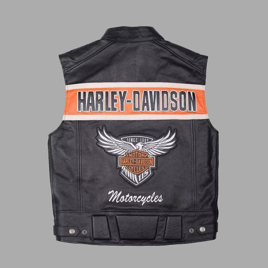 Rear angle of the Harley Davidson Black Leather Vest showcasing its clean lines and minimalist back design. Ideal for customizing with patches or embroidery. Crafted from high-quality cowhide leather to reflect the rugged spirit of Harley riders and motorcycle club culture.