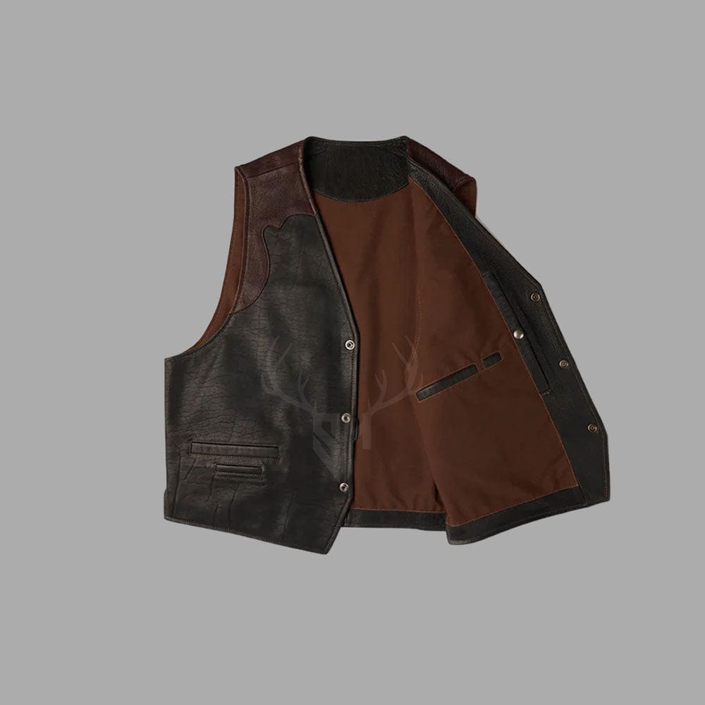 Interior shot of dual color biker vest showcasing soft, breathable polyester lining and reinforced stitching for comfortable wear on long motorcycle rides.