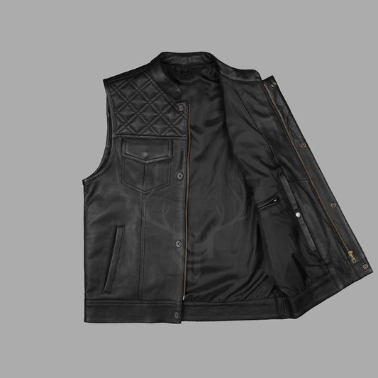 Interior view of the Diamondback Classic Leather MC Vest, showing smooth polyester lining, clean stitching, and overall build quality designed for long motorcycle rides and club events.