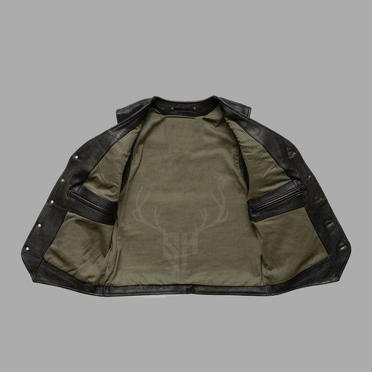 Interior view of the Ironhide Black Goatskin MC Vest, showing smooth polyester lining that enhances breathability and comfort for long wear, while the outer goatskin leather provides a bold, street-ready look tailored for bikers and club members.