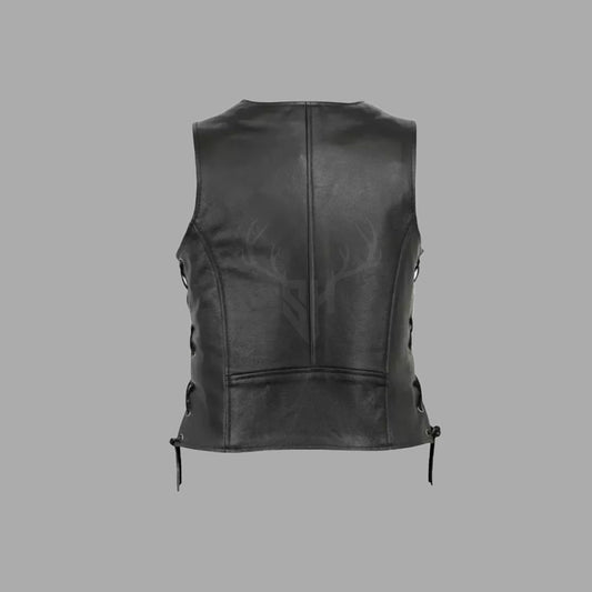 IronLace Femme is a side-laced black leather motorcycle club vest for women, designed for comfort, function, and flair with brass buttons and breathable polyester lining.